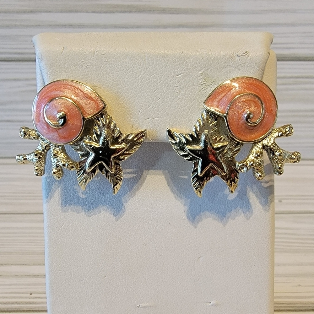 Vintage Coral Pink Enamel Shell Starfish Gold Tone Coastal Pierced Earrings